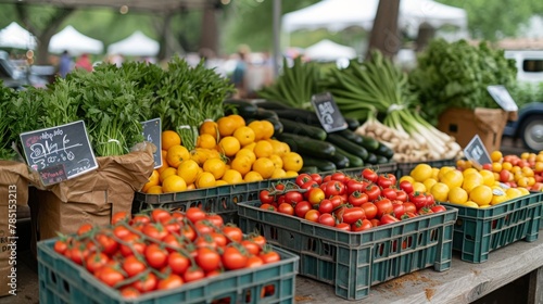 A vibrant farmers' market teeming with fresh produce and diverse vendors showcasing local agriculture and healthy food choices.