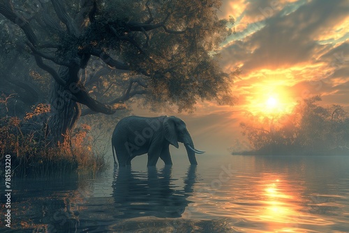 AI generated illustration of Elephant standing by water