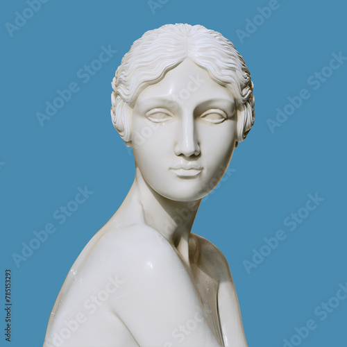Woman statue, female Greek goddess sculpture 3d rendering isolated on blue background