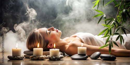 a woman lies in a spa  stones lie dark and steam everywhere  bamboo and candles generated by AI  spa  woman relaxing  sleep  meditation 