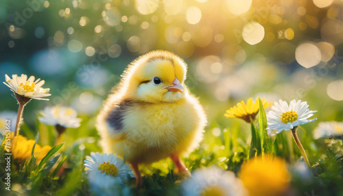 Close-up of small yellow chick in field of grass and blooming flowers. Cute farm bird, animal.