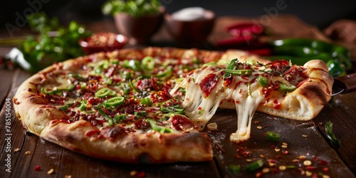 Delicious pizza slice topped with cheese and olives on a wooden serving board. Savory Mediterranean delight