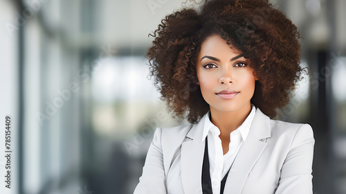 Portrait of a stylish, elegant, authoritative young woman, business woman in a white office. African American woman with dark skin and curly hair is wearing a shirt and jacket, suit, dress code photo