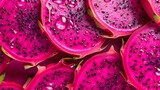 Fresh healthy & organic pink dragon fruits with drops of water. Pitaya. From above. Close up. Macro. Fruit. Food magazine. Food Design. Close up of sliced dragon fruit.