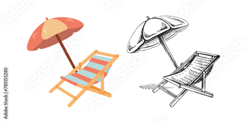 Cute hand drawn beach chair with beach umbrella. Flat and outline vector illustration isolated on white background. Doodle drawing.