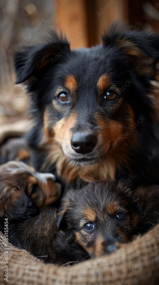 Dog Laying in Basket With Two Puppies Dog Laying in Basket With Two Puppies