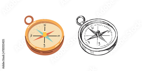 Cute hand drawn compass. Flat and outline black vector illustration isolated on white background. Doodle drawing.