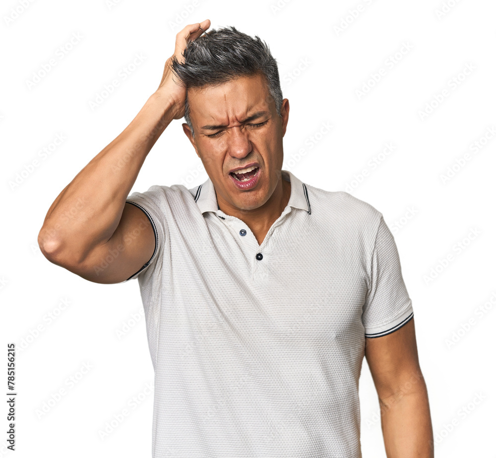 Middle-aged Latino man being shocked, she has remembered important meeting. Middle-aged Latino man being shocked, she has remembered important meeting.