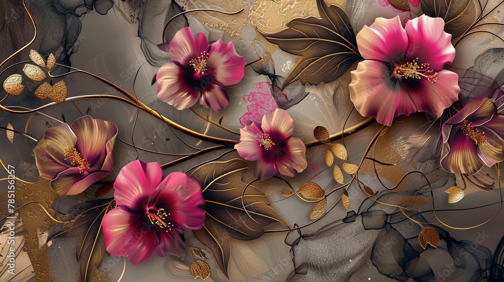 Artistic background featuring flowers, branches, and gold elements on canvas, suitable for wall decor, wallpaper, or carpets