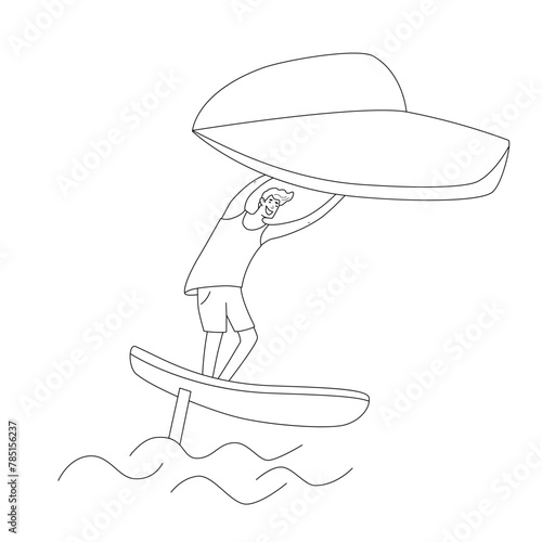 Man standing on a board, holds onto a wing and moves the board across the water. Wing foiling sport. Vector isolated  illustration in line style.