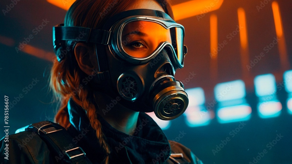 A portrait of a woman wearing a gas mask and goggles surrounded by night megapolis neon lights. Dark dystopian futuristic cyberpunk art sci-fi illustration. A portrait of a woman wearing a gas mask and goggles surrounded by night megapolis neon lights. Dark dystopian futuristic cyberpunk art sci-fi illustration.