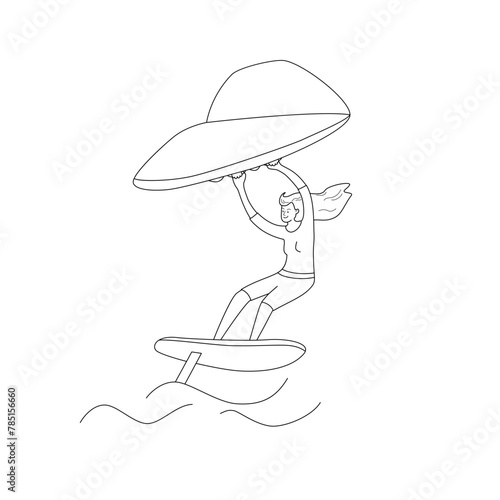 Woman standing on a board, holds onto a wing and moves the board across the water. Wing foiling sport. Vector isolated  illustration in line style.