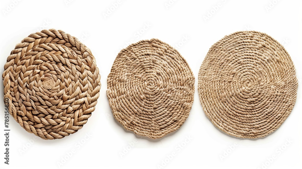 Circle rug crafted from jute rope shown in three different angles, isolated on white Circle rug crafted from jute rope shown in three different angles, isolated on white
