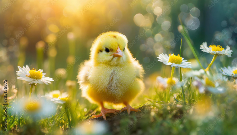 Close-up of small yellow chick in field of grass and blooming flowers. Cute farm bird, animal. Close-up of small yellow chick in field of grass and blooming flowers. Cute farm bird, animal.