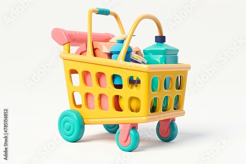 A shopping 3d cart with Daily necessities inside, in the style of a cartoon, icon design photo
