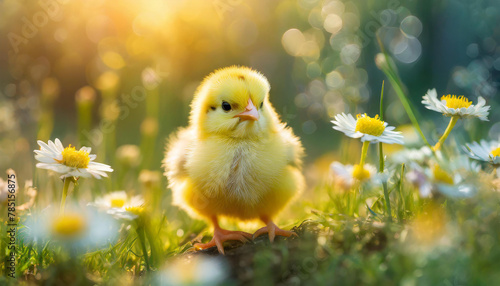 Close-up of small yellow chick in field of grass and blooming flowers. Cute farm bird, animal. © hardvicore