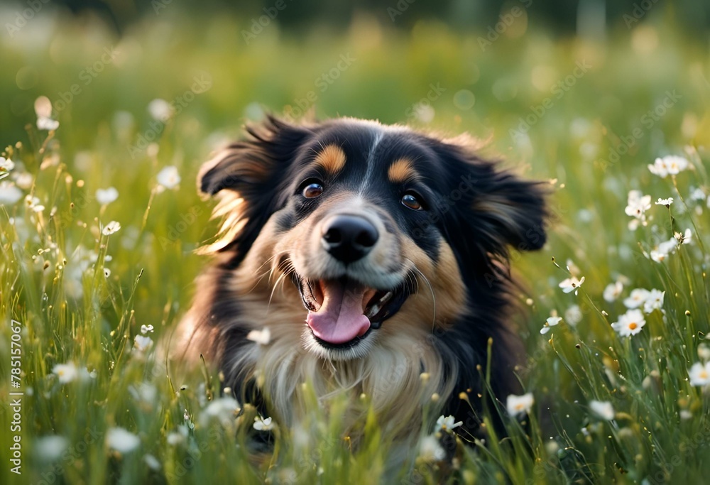 AI generated illustration of a realistic happy dog playing in the grass