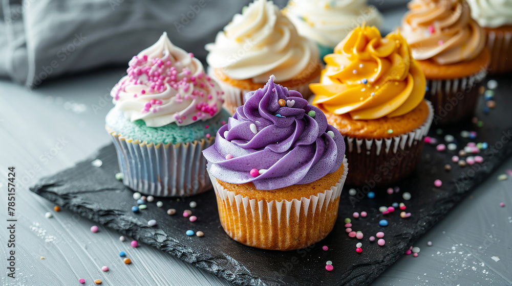 Colorful Cupcakes Arranged on Chalkboard Background - Tempting Desserts Perfect for Celebrations and Parties