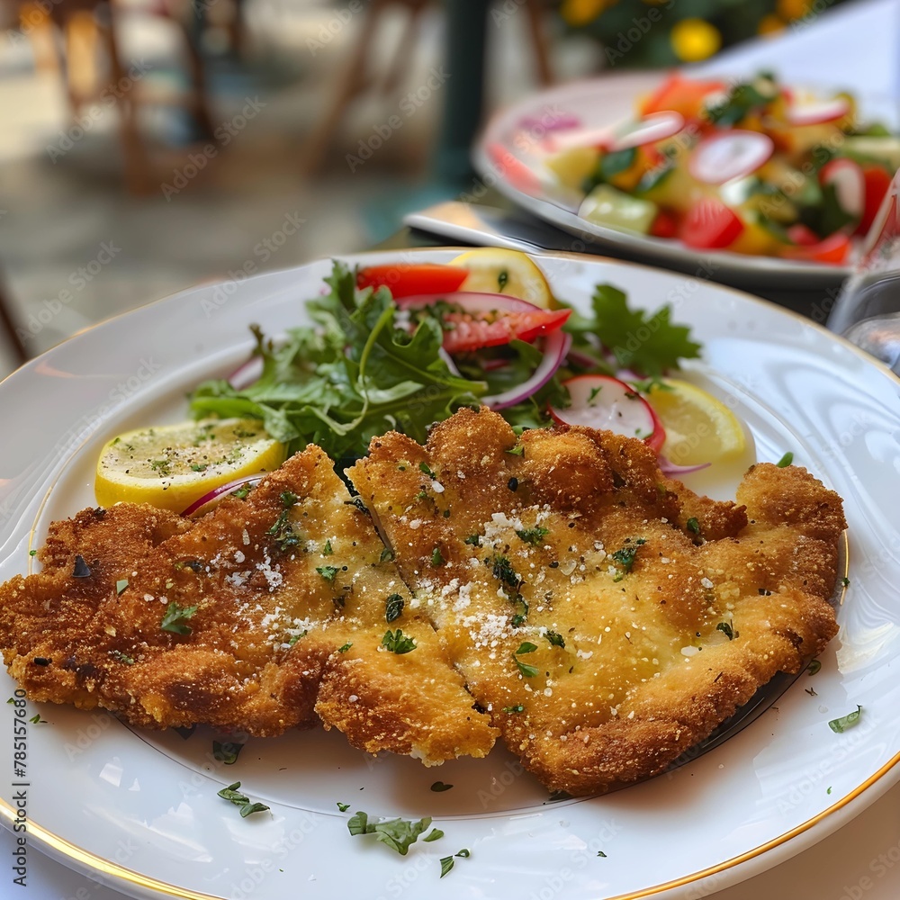 Cotoletta alla Milanese with its golden-brown breadcrumbs and a vibrant Italian salad on the side