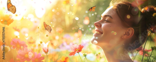 Wallpaper Mural portrait of a happy woman surrounded by many butterflies, against the backdrop of flowers or a blooming garden. Torontodigital.ca