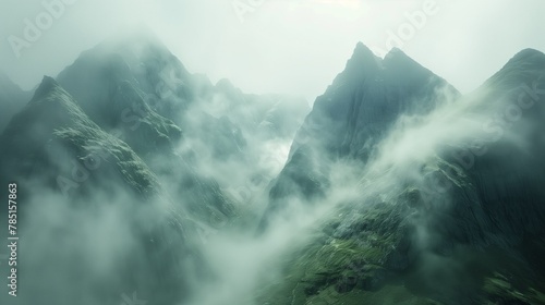 AI generated illustration of a mountain range covered with clouds and fog photo
