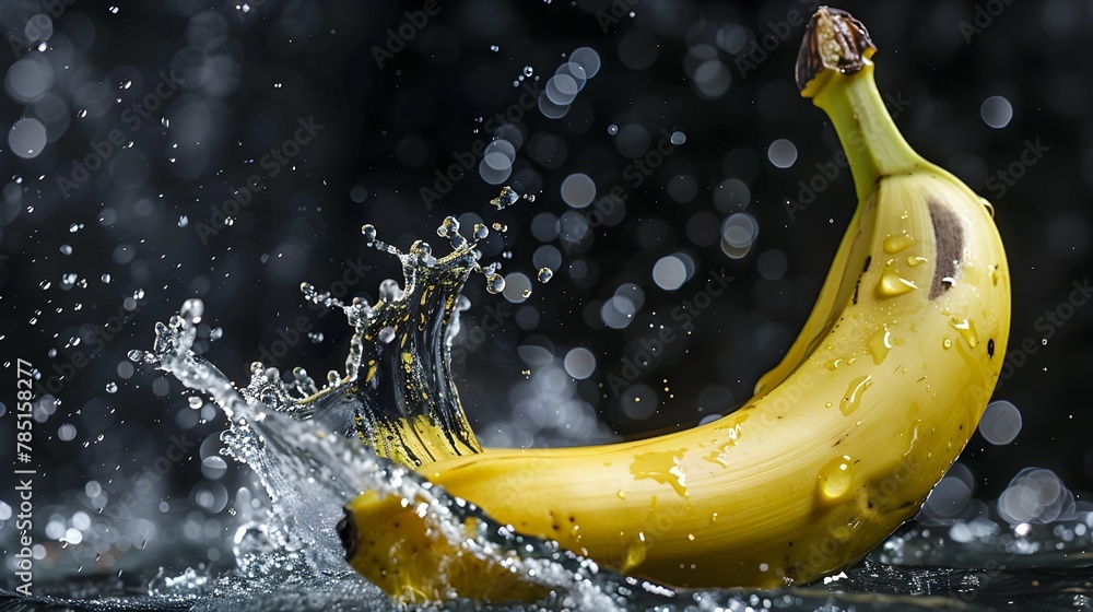 Closeup fresh banana hit by splashes of water with black blur background  - obrazy, fototapety, plakaty 