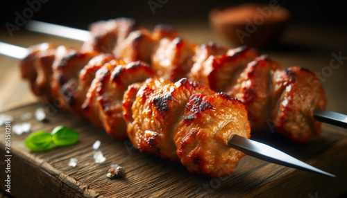 Juicy Grilled Kebabs on Wooden Skewers with Fresh Herbs and Spices photo