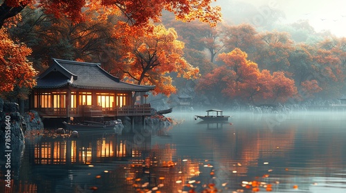 Japanese House stands on a pier near a lake with a boat in the water