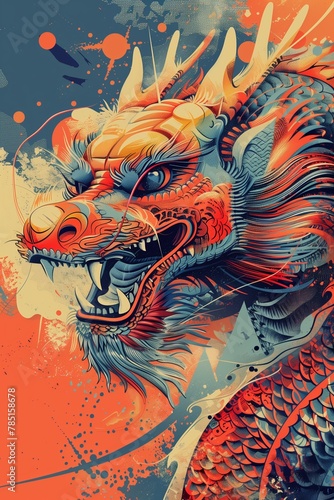 some very colorful art style illustration of a dragon with red and blue paint