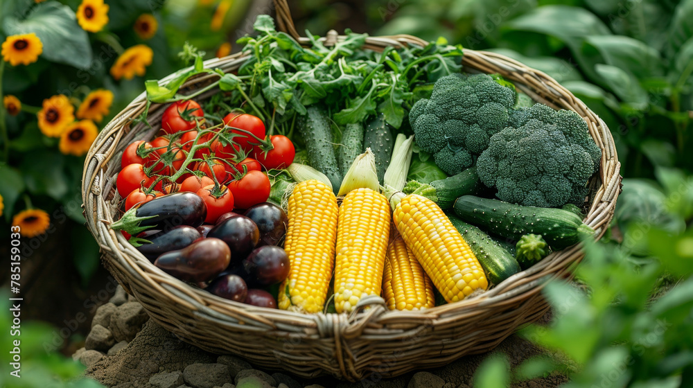 Close-up shot of a basket with ripe vegetables and fruits