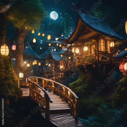 AI generated illustration of an Asian-inspired home with glowing lights in the evening darkness