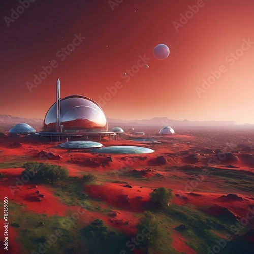 AI generated illustration of a circular structure with domes on an alien planet
