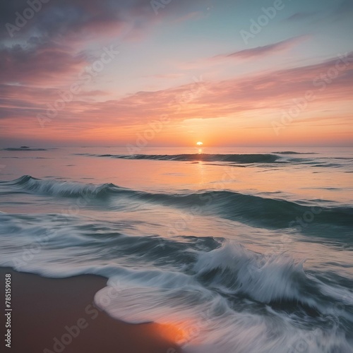 AI generated illustration of a sandy beach at sunset with blue ocean water and pink clouds