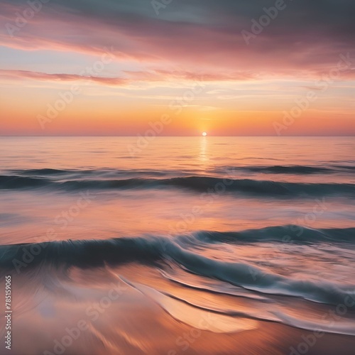 AI generated illustration of a scenic sunset over the ocean with waves on the beach during dusk