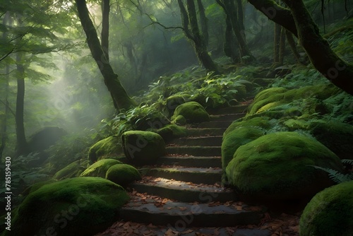 AI generated illustration of a winding stairway ascends into a lush green forest trail photo