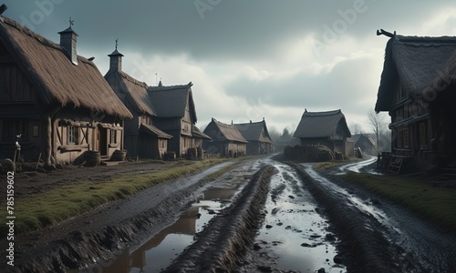 AI generated illustration of a medieval village with dirt road and buildings photo