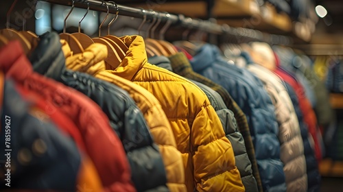Colorful Array of Puffer Jackets on Store Rack. Concept Fashion Retail, Winter Wardrobe, Outerwear Styles, Trendy Jackets, Clothing Display