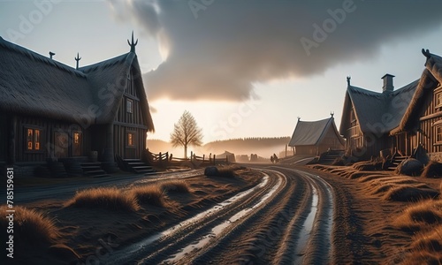 AI generated illustration of a medieval village with dirt road and buildings