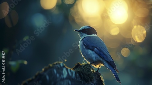 Fantastical bird perched, glowing, close-up with bokeh forest background, straight-on shot, twilight magic 