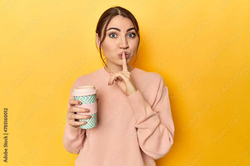 Young caucasian woman holding a takeaway coffee cup keeping a secret or asking for silence. Young caucasian woman holding a takeaway coffee cup keeping a secret or asking for silence.