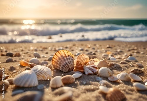 shells and starfishs line the shore of a beach