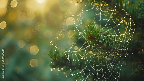 Dewdrops on spider web, bokeh forest background, close-up, eye-level, morning light magic