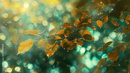 Glistening leaves, close-up, high-angle, vibrant bokeh, forest, subtle light leaks, noon radiance