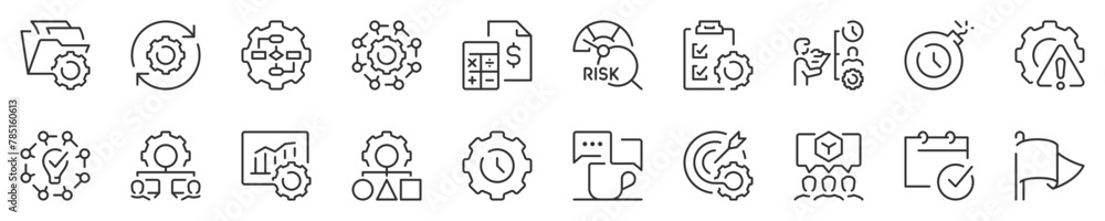 Naklejka premium Line icons about project management. Thin line icon set. Symbol collection in transparent background. Editable vector stroke. 512x512 Pixel Perfect.