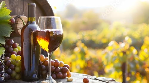 Bottle of excellent wine, a glass of wine and grapes on background of a picturesque vineyard. Copy space. photo