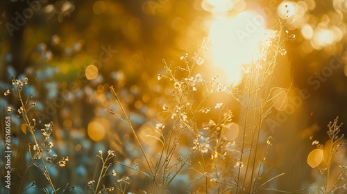 Wildflowers swaying  soft forest bokeh  close-up  low angle  dreamy light leaks  golden hour 