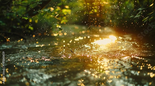 Rippling stream, forest setting, close-up, high-angle, crystal bokeh, sparkling light leaks