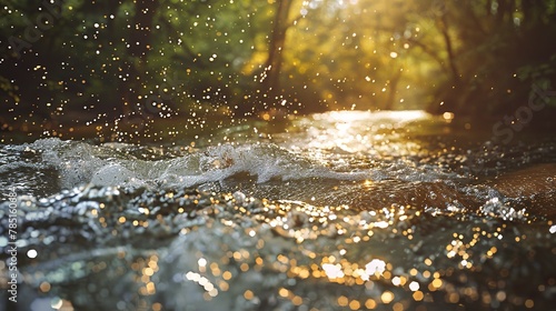 Rippling stream, forest setting, close-up, high-angle, crystal bokeh, sparkling light leaks