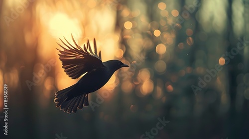 Bird in flight, detailed silhouette, forest bokeh, close-up, bird's-eye view, serene light leaks 