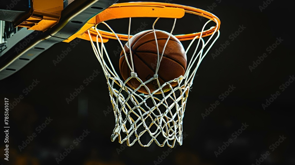 a basketball going through a net at night with its ball inside